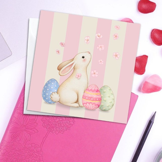 Carte Spring Bunny and Eggs Stripes Square Easter Card (Créateur téléchargé)
