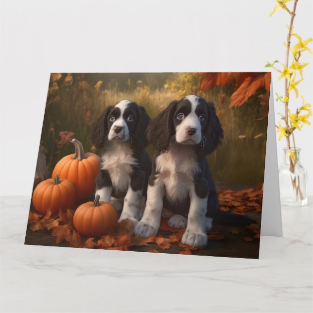 Carte Springer Spaniel Chiot Automne Citrouille de plais (Fleur jaune)