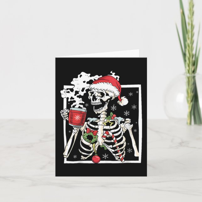 Carte Squelette De Noël Avec Crâne Souriant Boire Cof (Devant)
