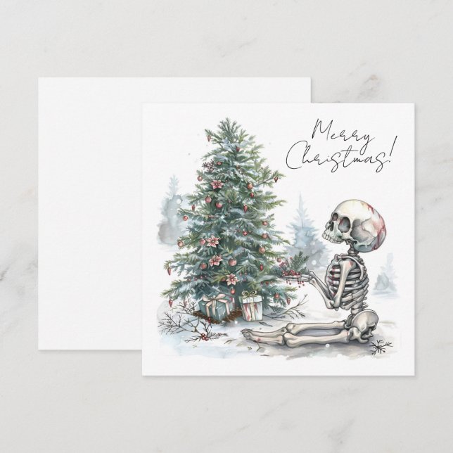 Carte Squelette de Noël mignon avec sapin de Noël (Devant / Derrière)