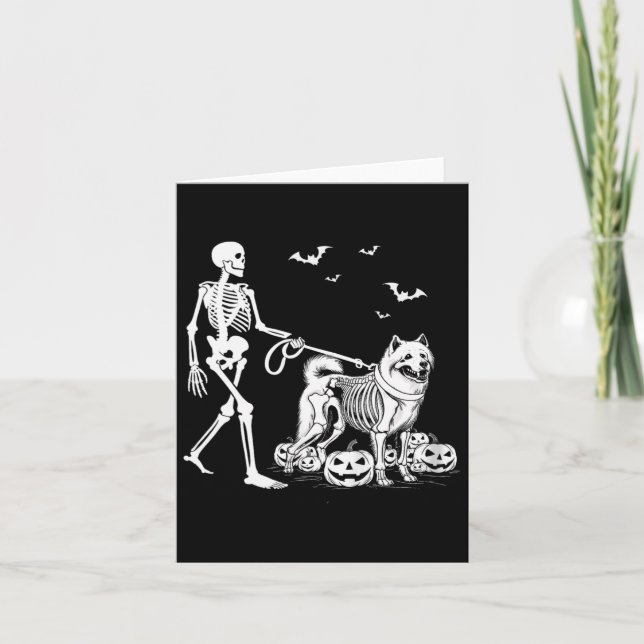 Carte Squelette d'Halloween marchant Chien Samoyé (Devant)
