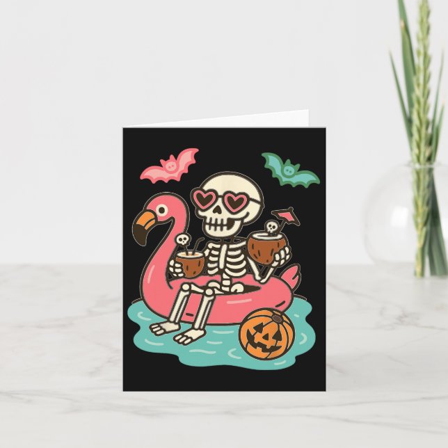 Carte Squelette drôle de Summerween flottant dans une dé (Devant)