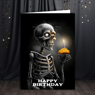 Carte Squelette Effrayant avec Gâteau d'Anniversaire