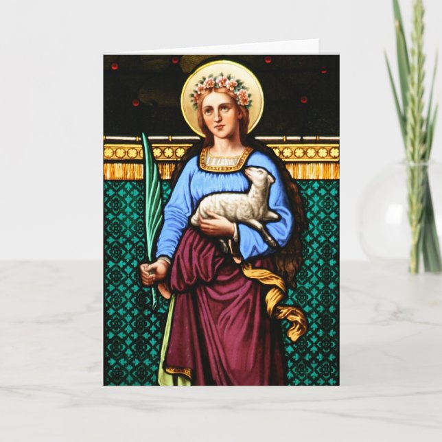 Carte St Agnes de Rome, tenant agneau et feuille de palm (Devant)