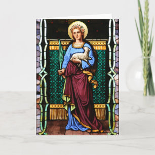 Carte St Agnes de Rome, tenant agneau et feuille de palm