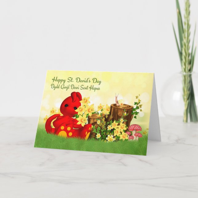 Carte St. David's Day Greeting Cute Dragon & Daffodills (Devant)