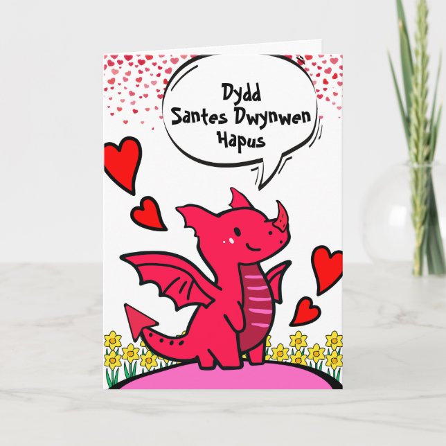 Carte St Dwynwens Day en gallois mignon Dragon rouge (Devant)