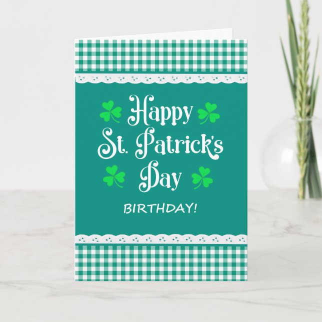 Carte St Patrick's Birthday Shamrock Green Checks (Devant)