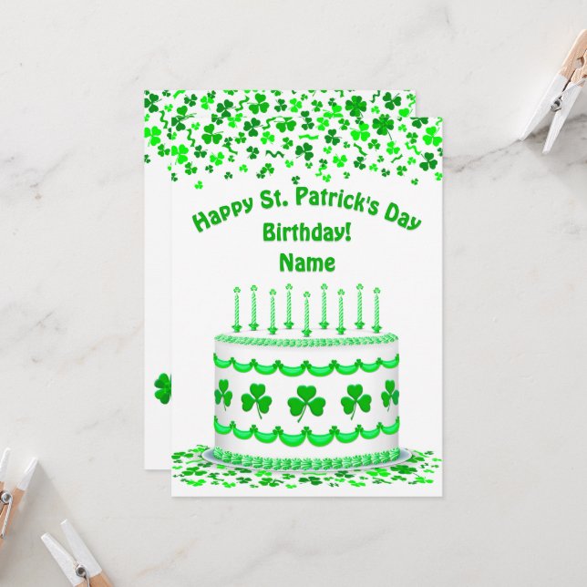Carte St Patrick's Day Birthday Cake Custom Candles Flat (Devant/Arrière en situation)