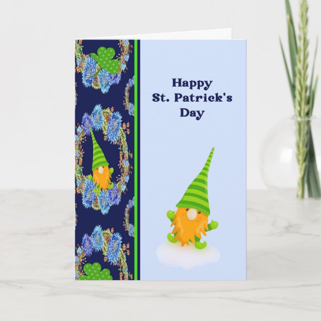 Carte St. Patricks Day en bleu foncé et clair avec Gnome (Devant)