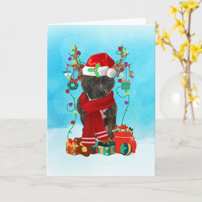 Carte Staffordshire Bull Terrier dans la neige avec Noël (Fleur jaune)