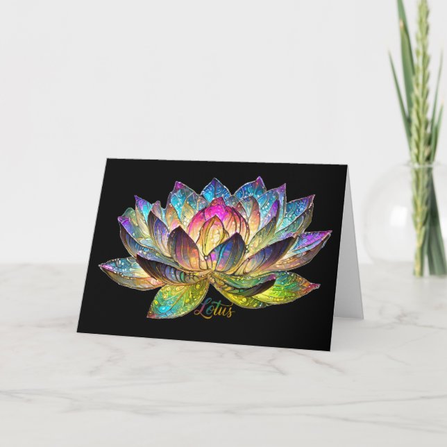 Carte Stained Glass Colorful Lotus Flower on Black (Devant)