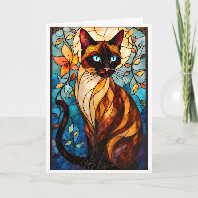 Carte Stained Glass Style Charming Cat with Blue Eyes (Devant)