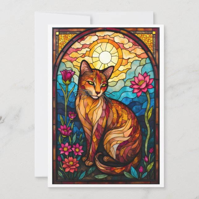 Carte Stained Glass Style Orange Kitty with Pink Flowers (Devant)