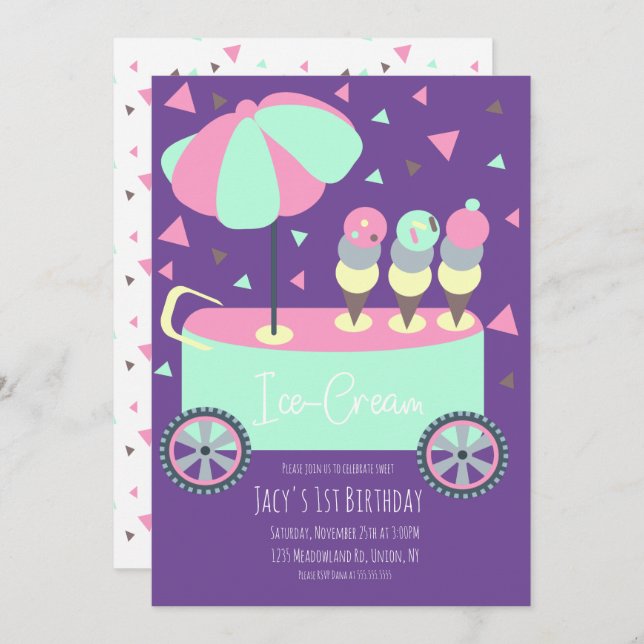 Carte Stand de glace Confetti Fête d'anniversaire Rose (Devant / Derrière)