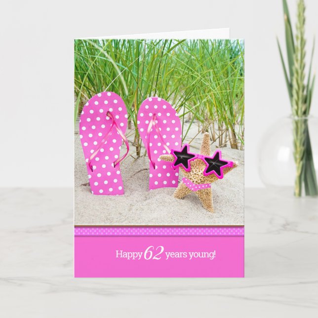 Carte Starfish and pink flip-flops for 62nd birthday (Devant)