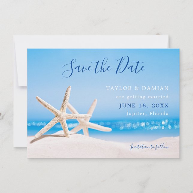 Carte Starfish on the Beach Sand Sauvez la date (Devant)