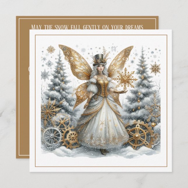 Carte Steampunk Christmas – Golden Fairy in Snowy Forest (Devant / Derrière)