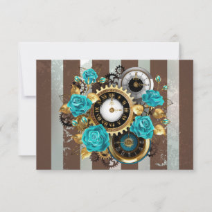 Carte Steampunk Clock and Turquoise Roses on Striped