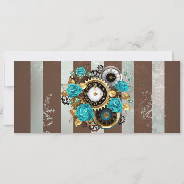 Carte Steampunk Clock and Turquoise Roses on Striped (Devant)
