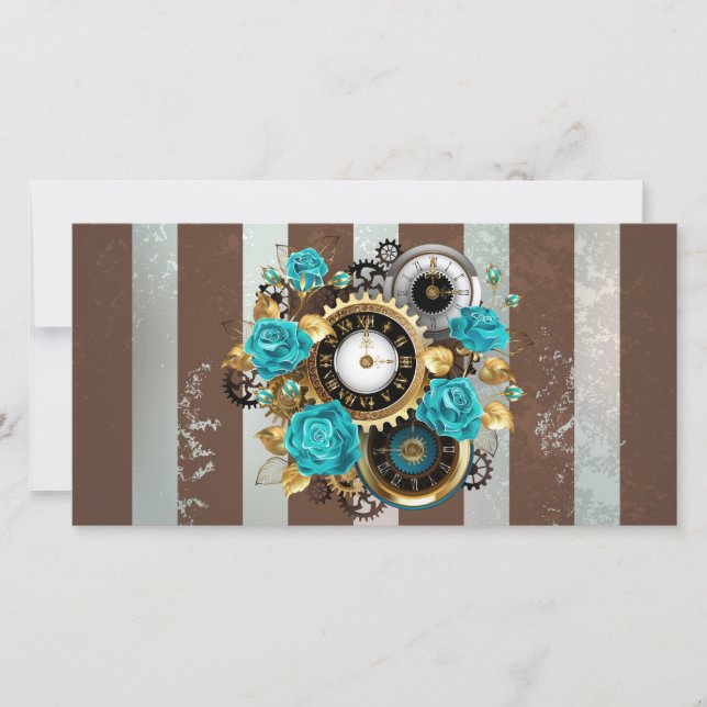 Carte Steampunk Clock and Turquoise Roses on Striped (Devant)