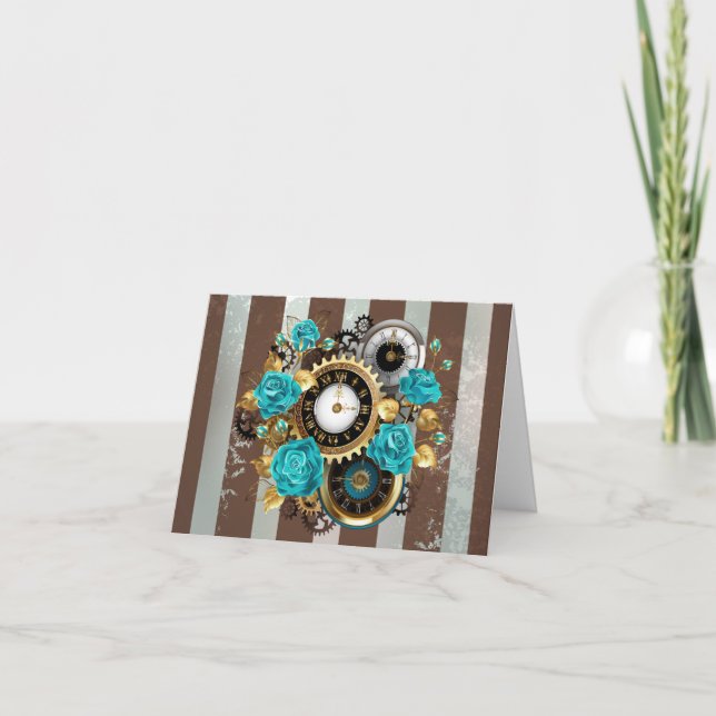 Carte Steampunk Clock and Turquoise Roses on Striped (Devant)
