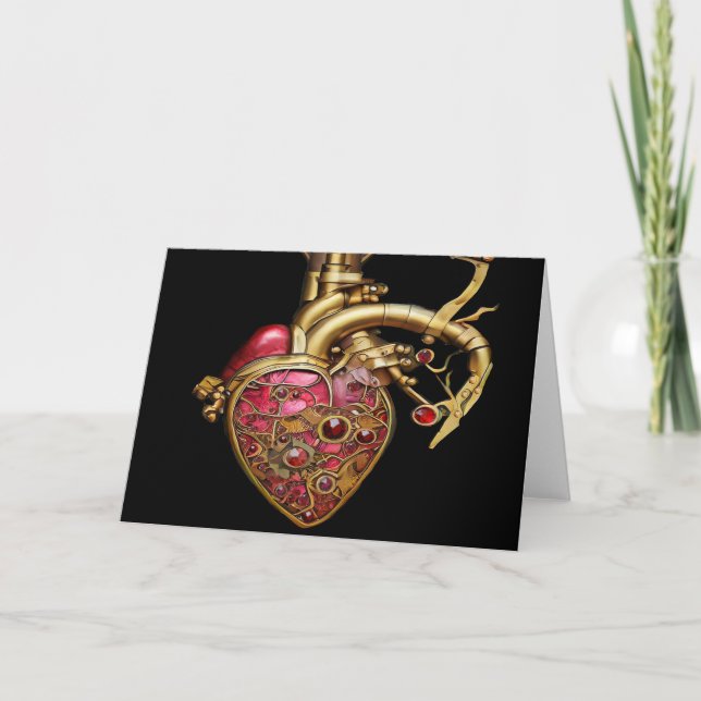Carte Steampunk Coeur Anatomique rubis et engrenages (Devant)