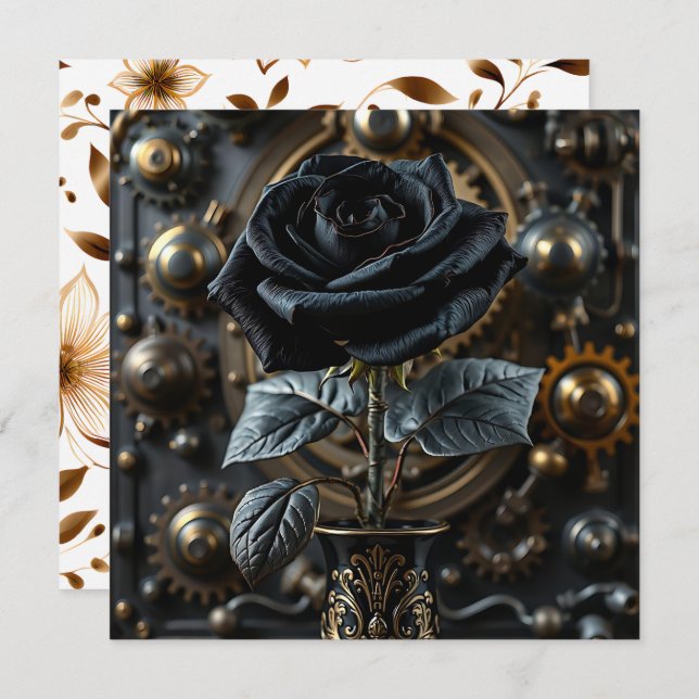 Carte Steampunk Gothique noir Rose blanc (Devant / Derrière)