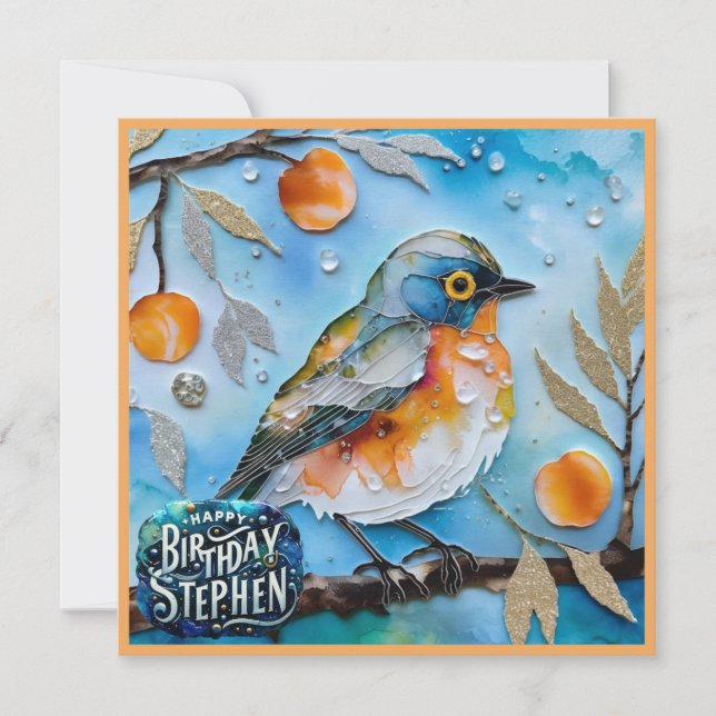 Carte STEPHEN ~ Joyeux anniversaire ~ Oiseau dans l'arbr (Devant)
