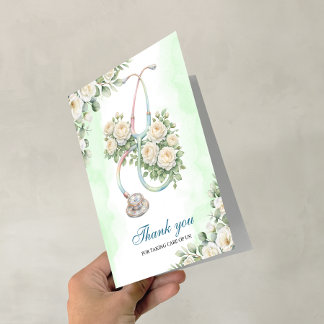 Carte Stéthoscope Rose Floral Infirmière Médecin Merci
