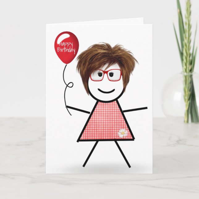Carte Stick Anniversaire En vichy fille avec ballons rou (Devant)