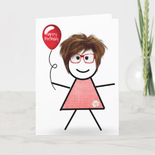 Carte Stick Anniversaire En vichy fille avec ballons rou