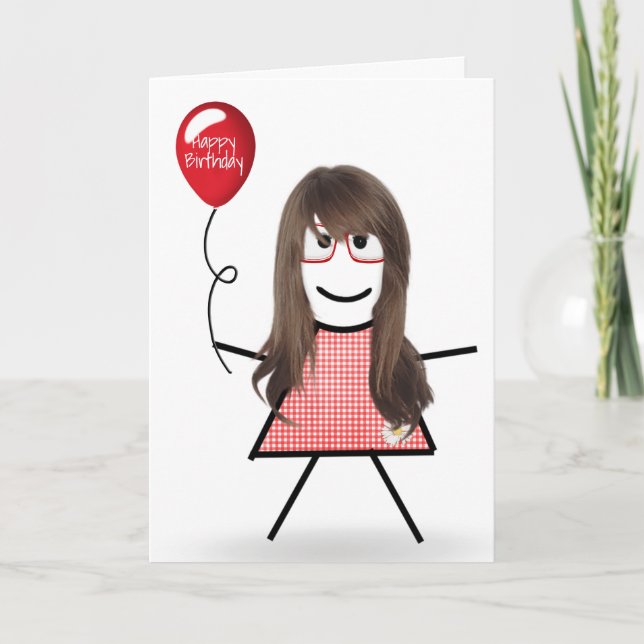 Carte Stick Anniversaire En vichy fille avec ballons rou (Devant)