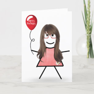 Carte Stick Anniversaire En vichy fille avec ballons rou