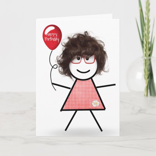 Carte Stick Anniversaire En vichy fille avec ballons rou (Devant)