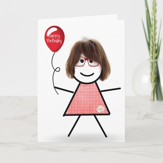 Carte Stick Anniversaire En vichy fille avec ballons rou (Devant)