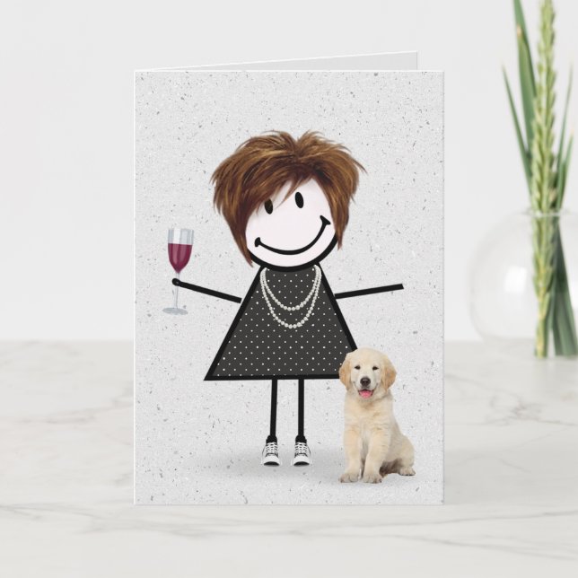Carte Stick Figure Anniversaire fille avec Golden Retrie (Devant)