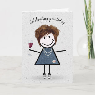 Carte Stick Figure Anniversaire fille avec verre à vin