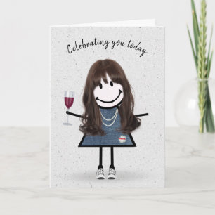 Carte Stick Figure Anniversaire fille avec verre à vin