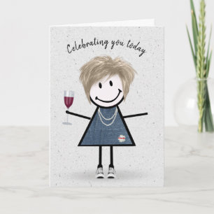 Carte Stick Figure Anniversaire fille avec verre à vin