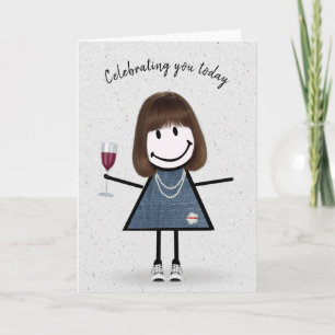 Carte Stick Figure Anniversaire fille avec verre à vin