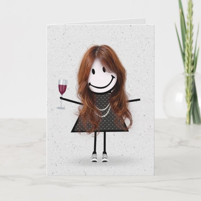 Carte Stick Figure Anniversaire fille avec vin (Devant)