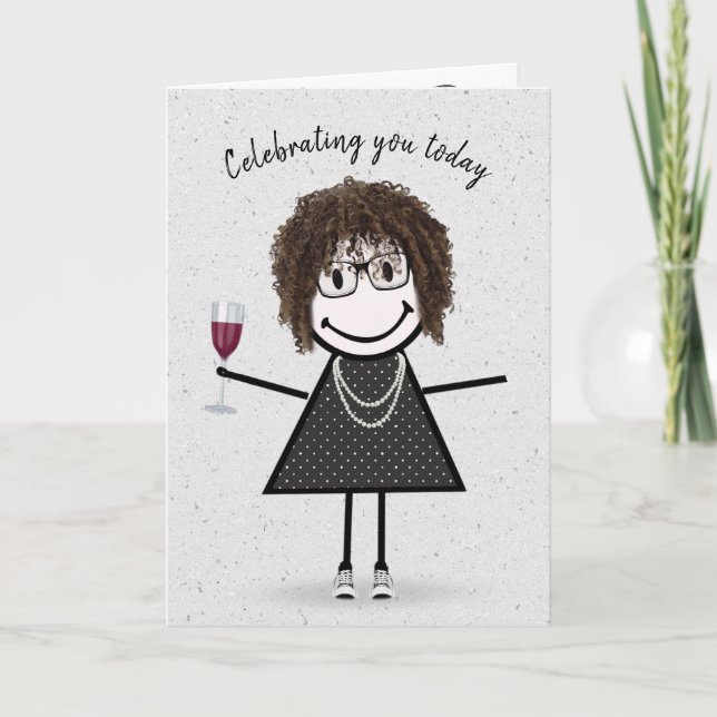 Carte Stick Figure Anniversaire fille avec vin rouge (Devant)
