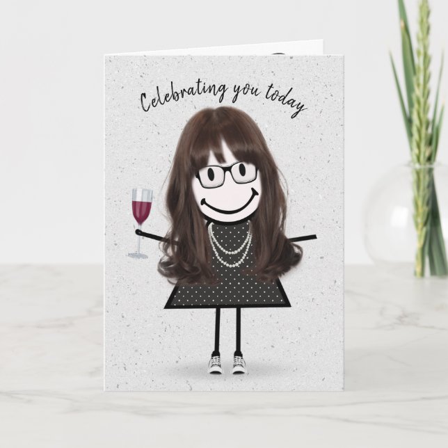 Carte Stick Figure Anniversaire fille avec vin rouge (Devant)