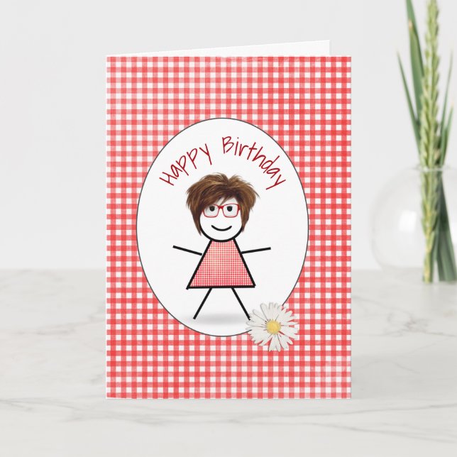 Carte Stick Girl anniversaire sur En vichy (Devant)