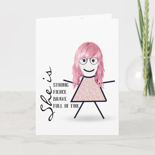 Carte Stick Girl avec cheveux roses pour maman (Devant)