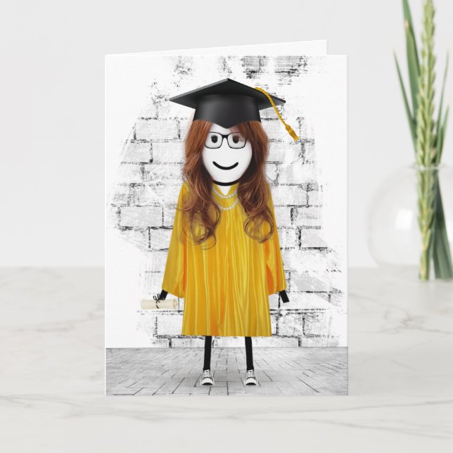 Carte Stick Girl Graduate avec cheveux et diplôme (Devant)