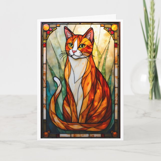 Carte Style de vitrail Chat orange Yeux verts (Devant)