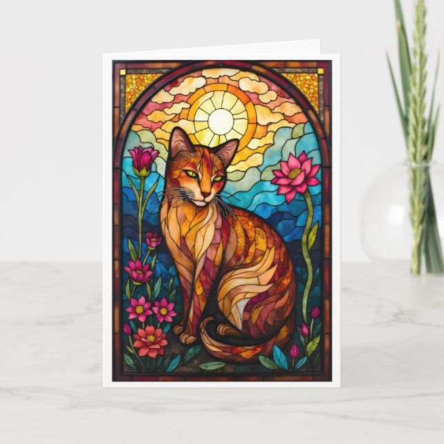 Carte Style de vitrail Kitty orange avec fleurs roses (Devant)