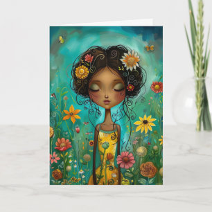 Carte Style d'illustration Femme et Fleurs Bonjour Greet